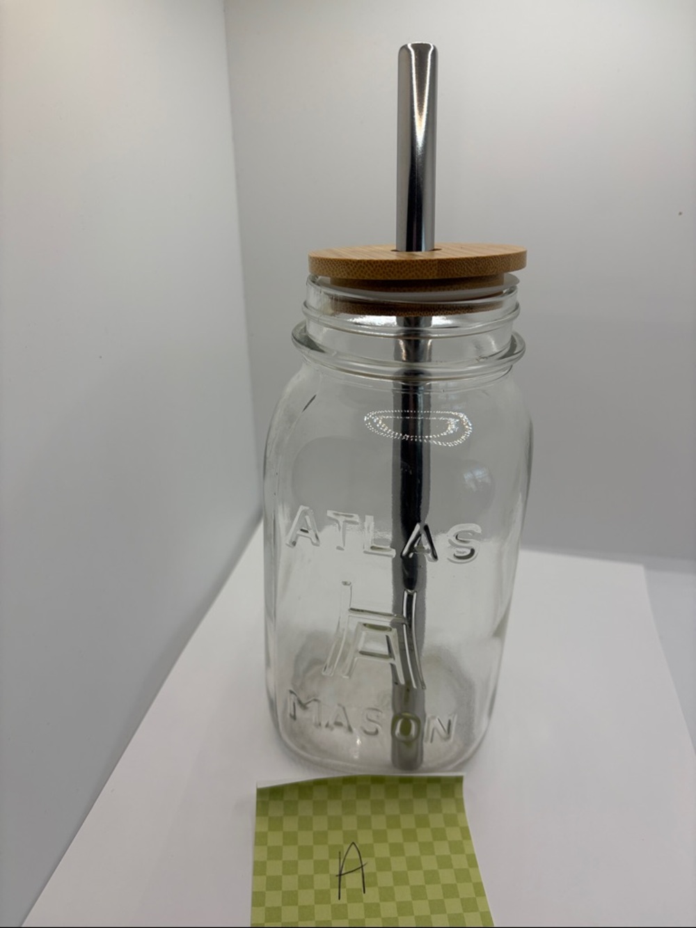 Vintage Atlas Mason Glass Drinking Jar with Bamboo Lid & Stainless Straw - Clear